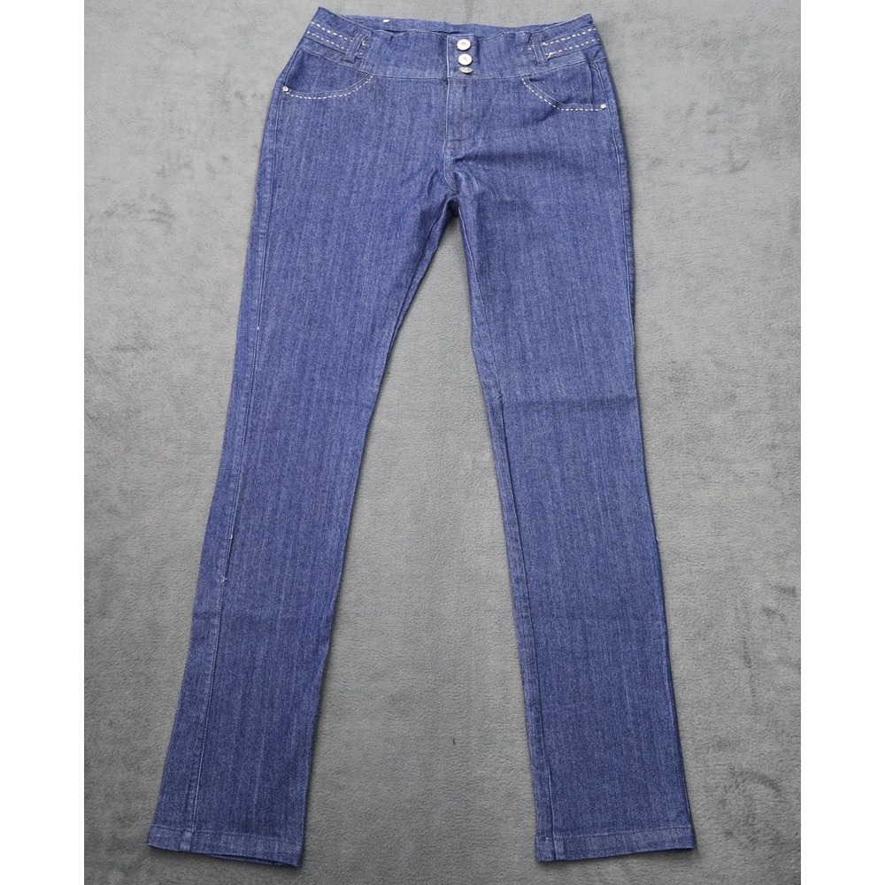 Rubi Jeans Womens Sz 11 Dark Wash High Waist Rhinestone Button Slim Denim Pants